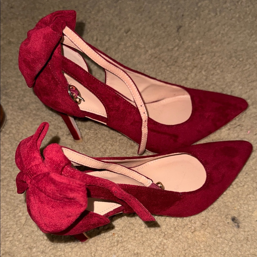 Amazon Red Suede Women's Heels with Bow